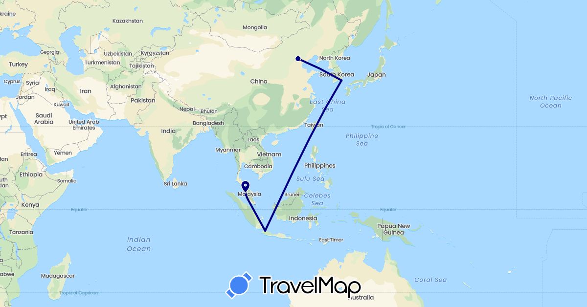 TravelMap itinerary: driving in China, Indonesia, South Korea, Malaysia (Asia)